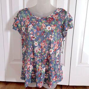 Fyve Floral Silky Blue Top Blouse Shirt Boho Ribbed Design Small S NWT